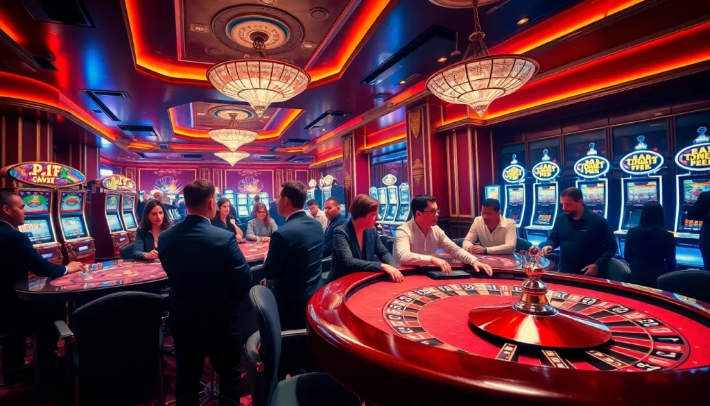 Engaging gameplay at okfun.social with players at a lively poker table in a vibrant casino.