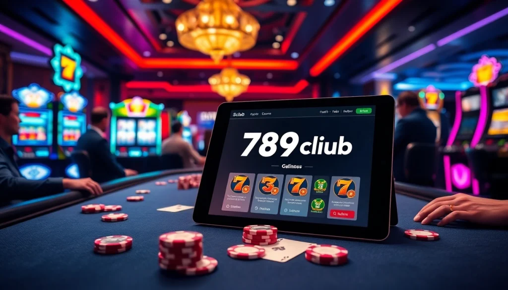 Players enjoying a thrilling game at 789club, showcasing vibrant slot machines and poker tables.