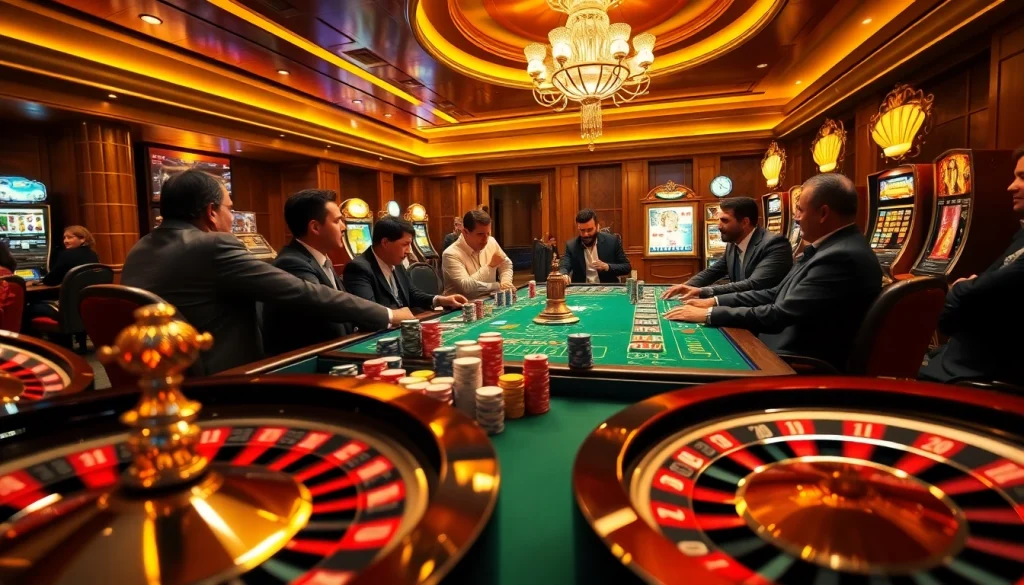 Experience thrilling gaming at OKFUN casino as players engage in poker, roulette, and vibrant slots.