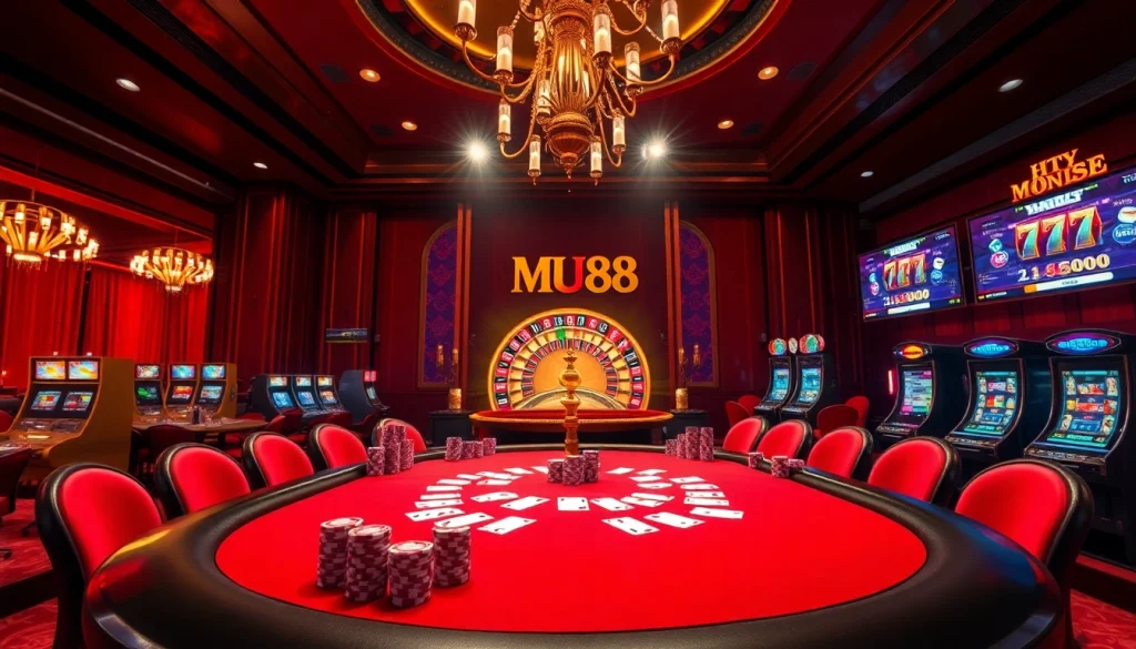Mu88's vibrant casino scene featuring high-stakes poker table, roulette, and luxurious surroundings.