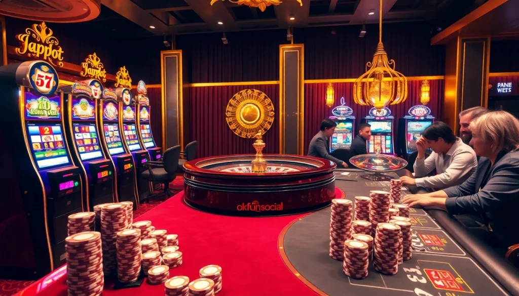 Players enjoying thrilling games at okfun.social casino, featuring roulette and poker tables.