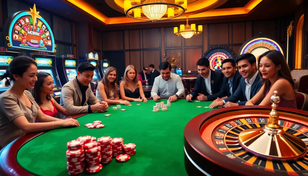 Players enjoy a thrilling poker game at a casino themed around haywin, showcasing excitement and strategy with vibrant chips.
