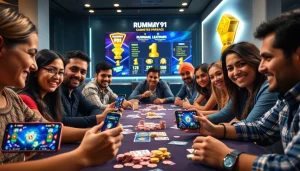 Exciting gameplay scene of Rummy 91 with players engaged around a gaming table, showcasing vibrant app graphics.