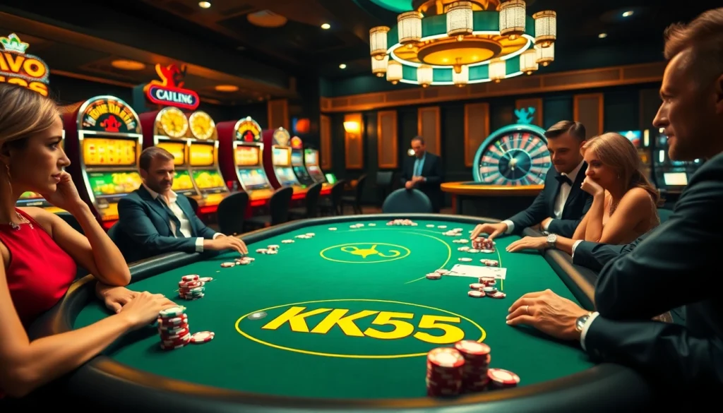 Engaging scene of gamblers at a KK55 poker table, complete with chips and roulette wheel.