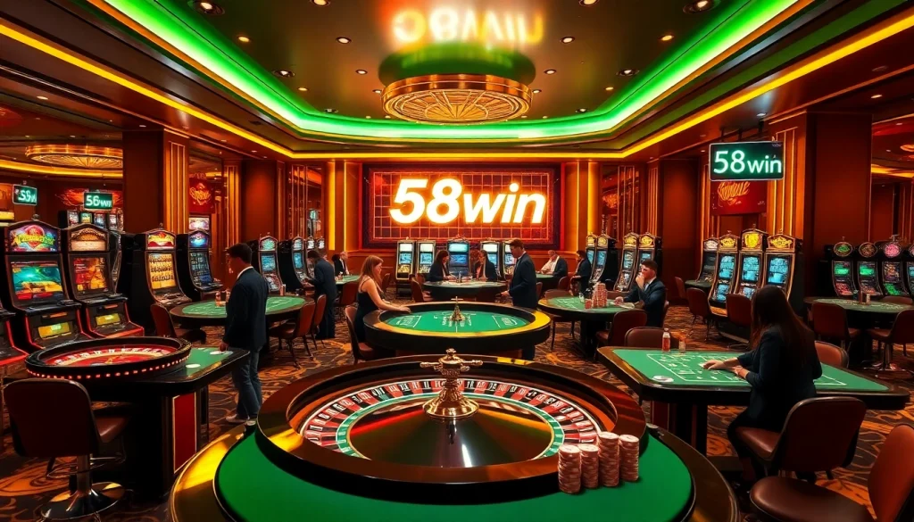 Players enjoy a thrilling moment at a 58win casino, surrounded by roulette and slot machines.