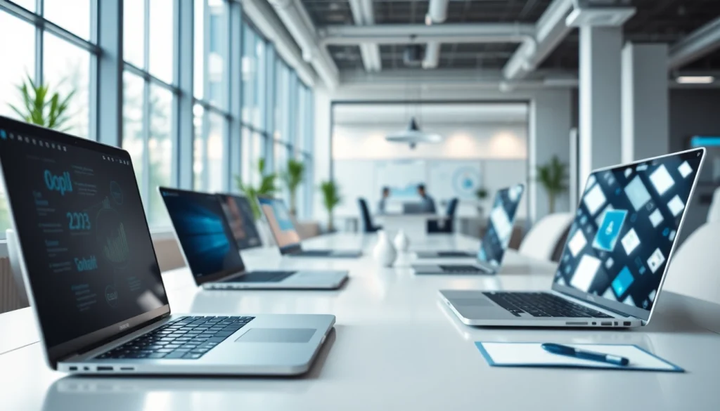 Showcasing SaaS solutions in a modern cloud computing workspace with sleek devices.