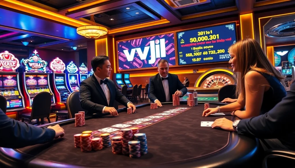 Players enjoy a thrilling poker game at vvjl's stylish casino table with vibrant chips.