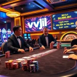 Players enjoy a thrilling poker game at vvjl's stylish casino table with vibrant chips.