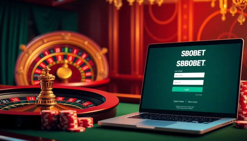 Experience the excitement of sbobet login with a vibrant online casino interface featuring roulette and poker elements.