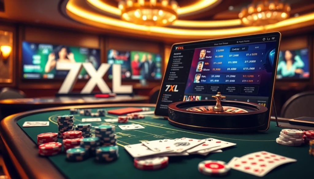 Exciting online poker experience with 7xl סוכן platform, featuring poker chips, cards, and a roulette wheel.