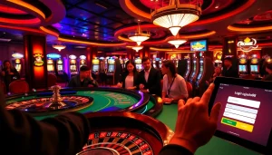 Experience thrilling gaming action with login rajatoto88 at a vibrant casino featuring roulette and slots.