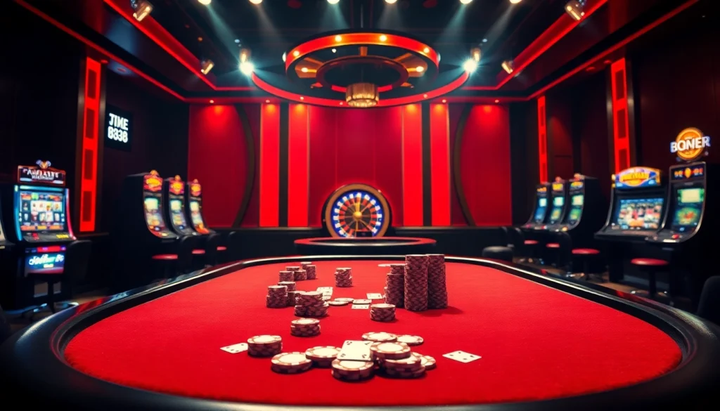BJ38 features an exciting casino environment with vibrant gaming tables and lavish poker chips.
