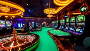 Experience the thrill of gaming with 79king's luxurious casino scene full of roulette and slot machines.