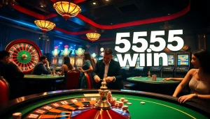 Gamblers celebrating a big win at a luxurious casino, embodying the thrill of 555 win.