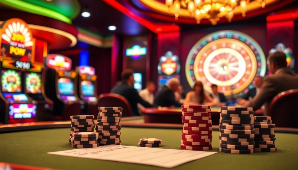 Experience the thrill of Vt88 nhà cái with an elegant casino setting featuring poker chips, tables, and games.