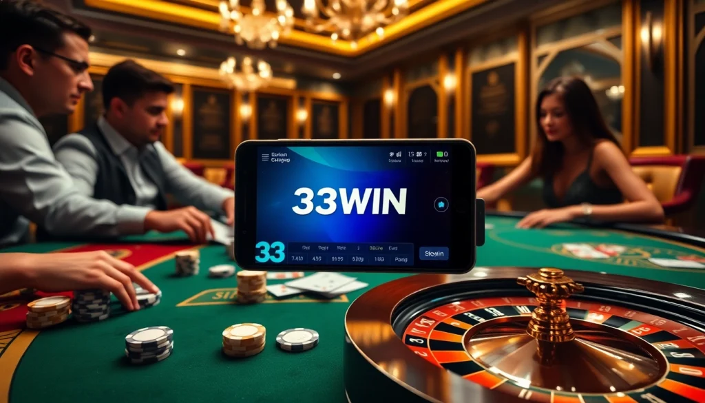 Betting excitement at the table with https://33wintop.com/ showcasing poker chips and cards.