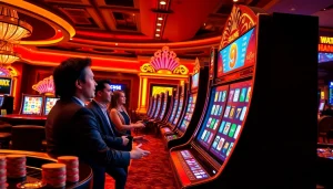 Engaging players enjoying slot online gameplay at a vibrant casino scene.