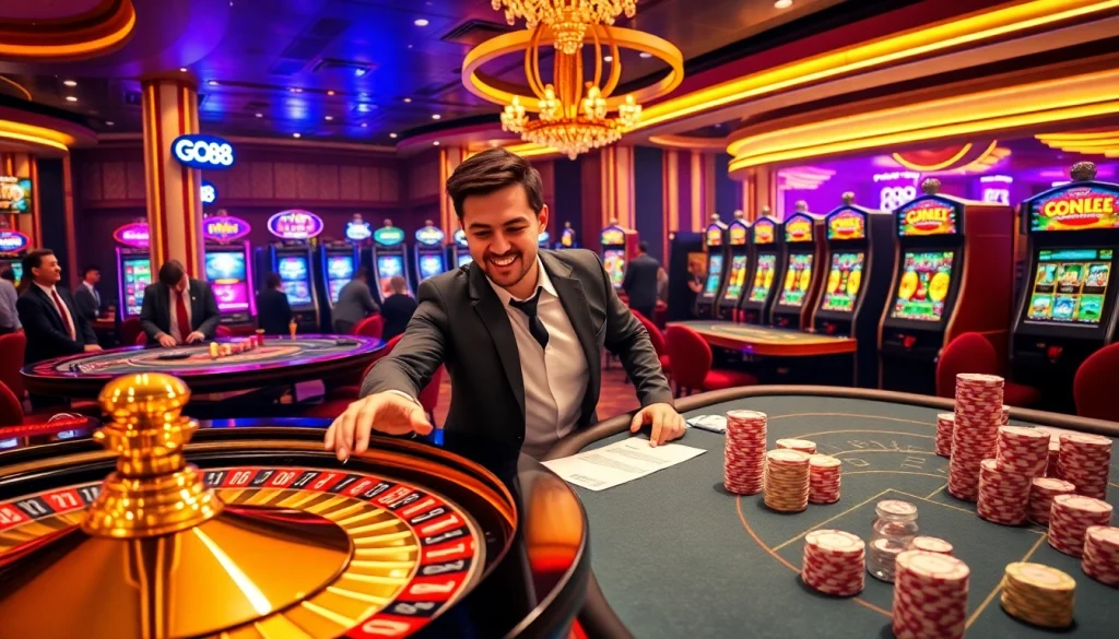 Experience the excitement of GO88 with a vibrant casino scene featuring roulette and poker gameplay.