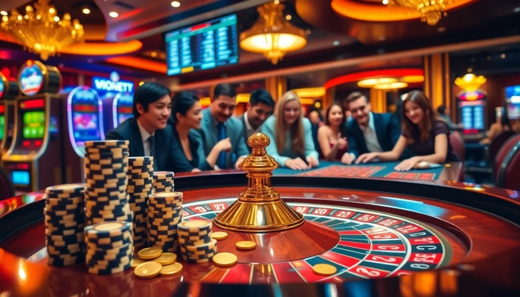 Experience the thrill of betting at https://23wini.online with a luxurious casino scene depicting a roulette table.