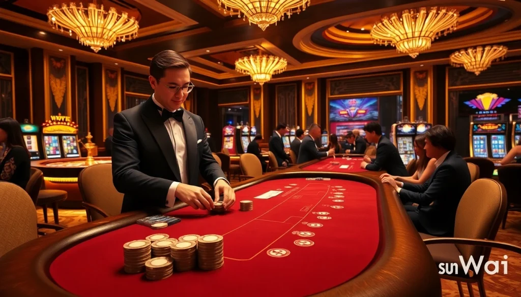 Engage with the exhilarating atmosphere of Sunwin's premium casino games, showcasing poker and roulette.