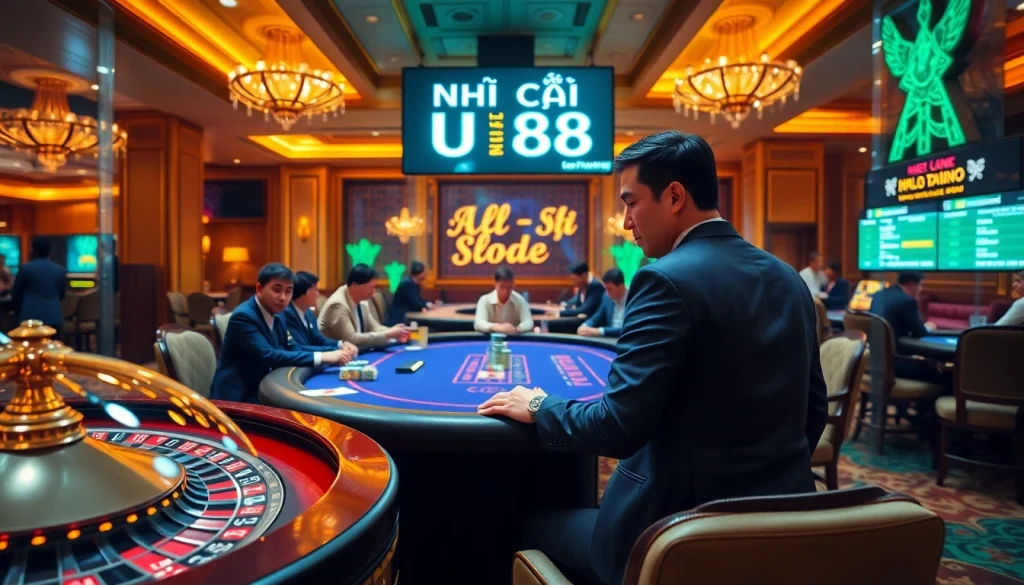 Exciting poker scene at NHÀ CÁI UU88 with players and vibrant casino elements.