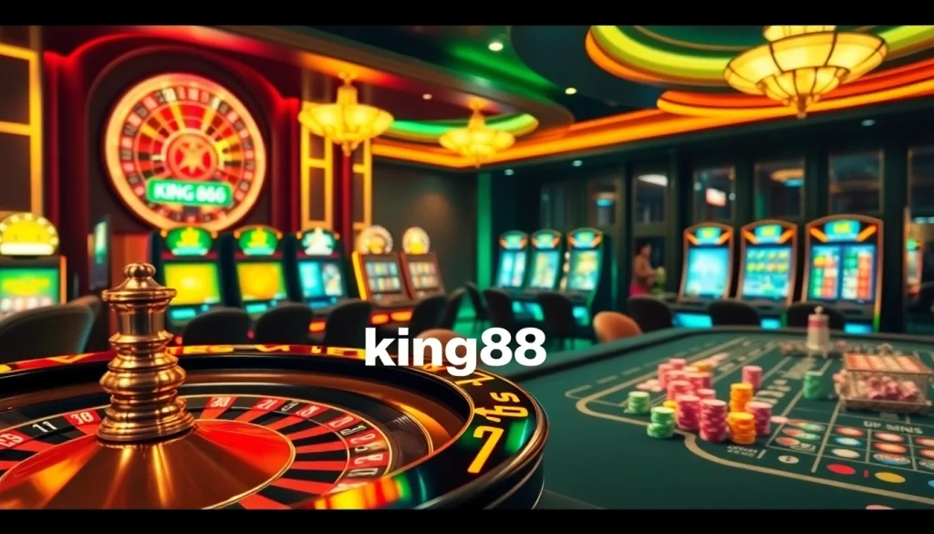 Experience the excitement of king888 with a vibrant casino scene featuring roulette and poker tables.