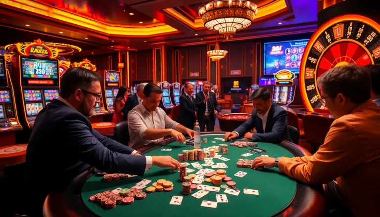 Energetic casino scene featuring players at 88i poker table, vibrant atmosphere and lively action.