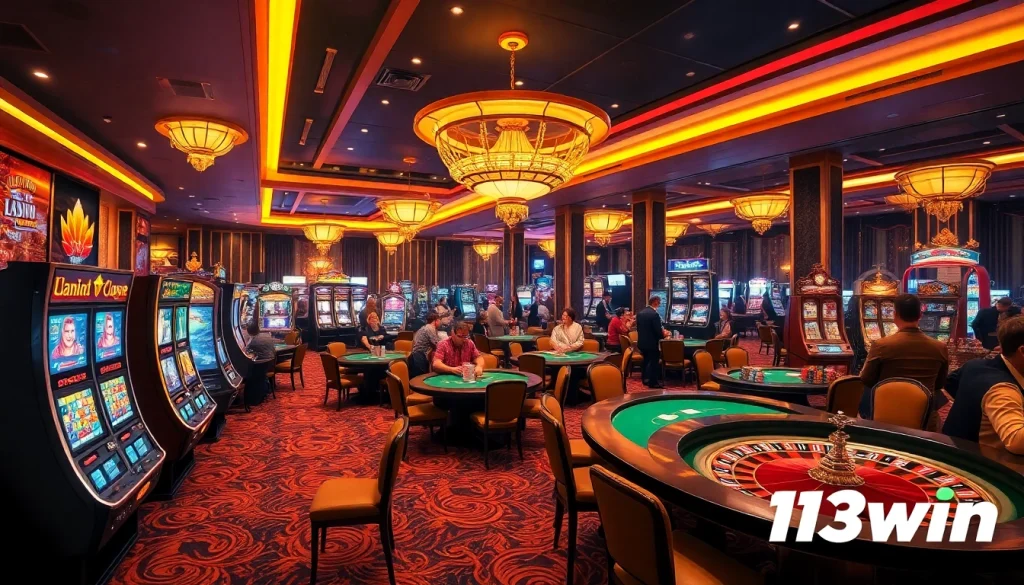 Players enjoying the excitement of 13win at a luxurious casino with vibrant slot machines.