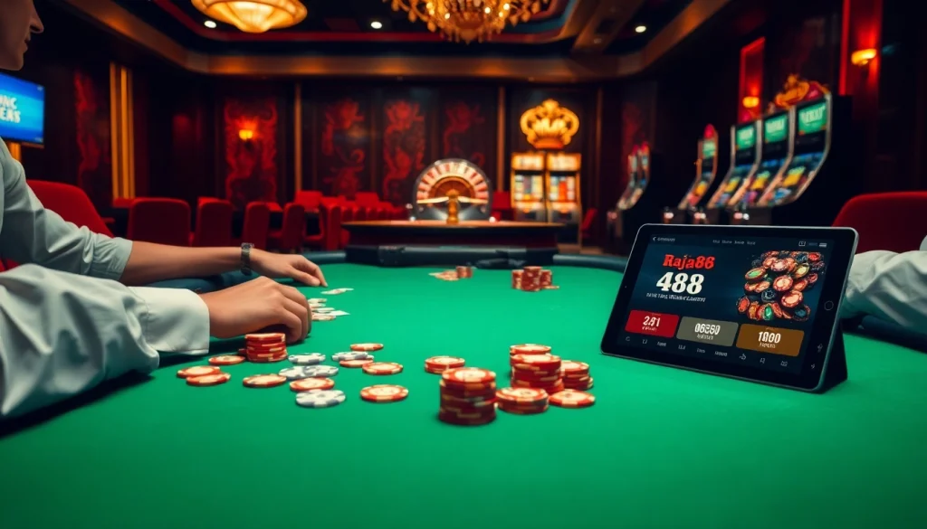 Players using raja 88 branding while enjoying a high-stakes poker game in a luxury casino.