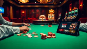 Players using raja 88 branding while enjoying a high-stakes poker game in a luxury casino.