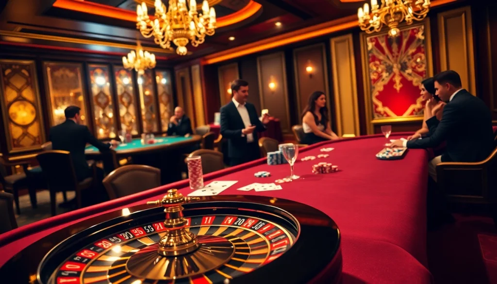 Engage in a thrilling poker game at Mu88 casino, featuring vibrant tables and luxurious decor.