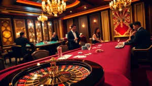 Engage in a thrilling poker game at Mu88 casino, featuring vibrant tables and luxurious decor.