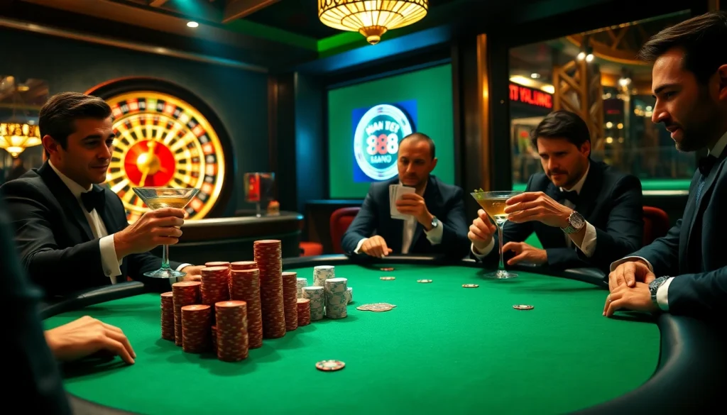Gamblers enjoy high-stakes poker at a luxurious table in a casino scene featuring Man88's exciting atmosphere.