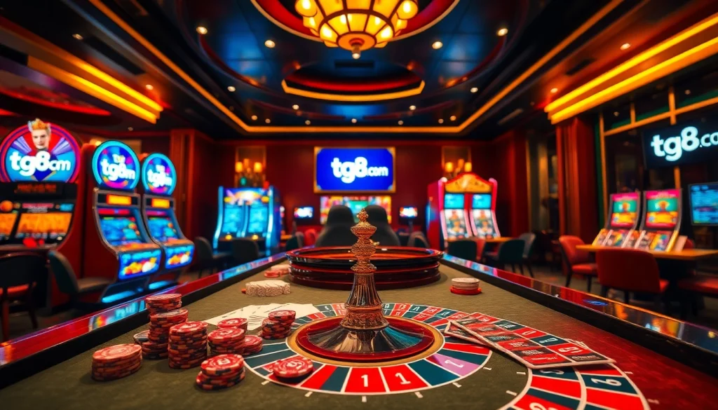 Join the excitement at tg88.com with vibrant poker chips and roulette wheels in a luxurious casino setting.