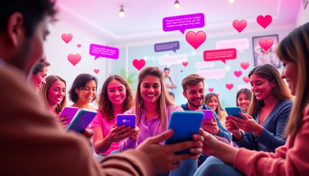 مشهد غرفة دردشة نابض بالحياة يعرض مستخدمين متنوعين يشاركون في شات تعب قلبي على أجهزة محمولة.