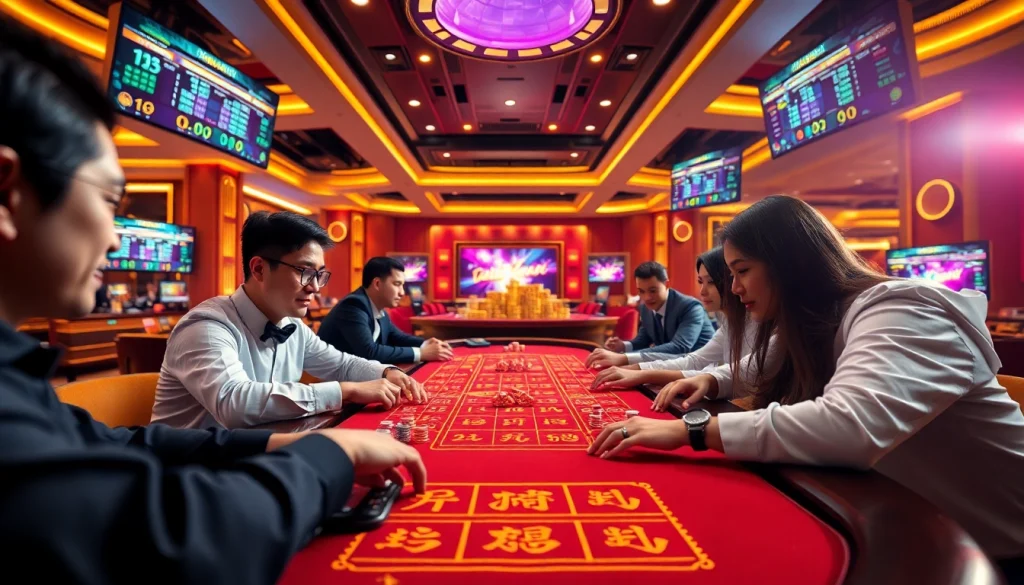 Tài Xỉu Online players engaged in thrilling gameplay at a luxurious casino table.