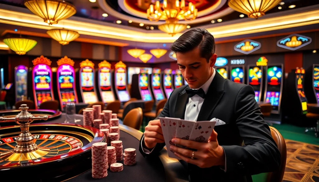 Experience the excitement of Nhà cái KK55 with vibrant casino visuals featuring poker chips and roulette wheels.