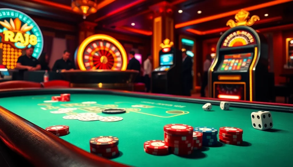 Engaging players at raja 88 poker table with colorful chips and luxurious casino decor.
