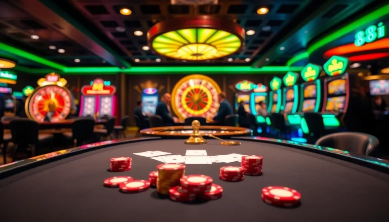 Engaged players enjoy poker and slot games at 88i's luxurious casino, capturing the thrill of gambling.