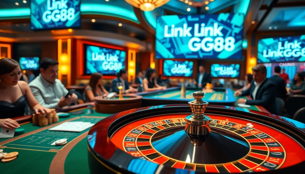 Experience the thrill of gambling with Link GG88 at a luxurious casino table adorned with vibrant chips and cards.