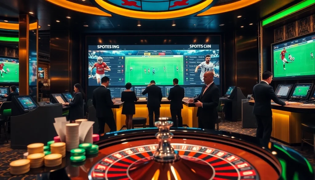 Exciting sports betting scene showcasing kèo bóng đá nhà cái on high-tech interfaces.