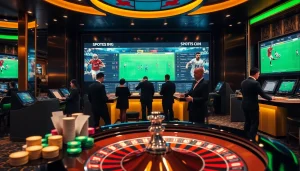 Exciting sports betting scene showcasing kèo bóng đá nhà cái on high-tech interfaces.