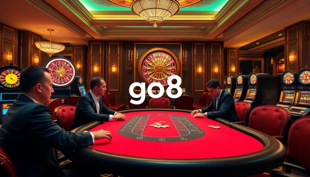 Go8 poker players engaged in a thrilling game in a luxurious casino.