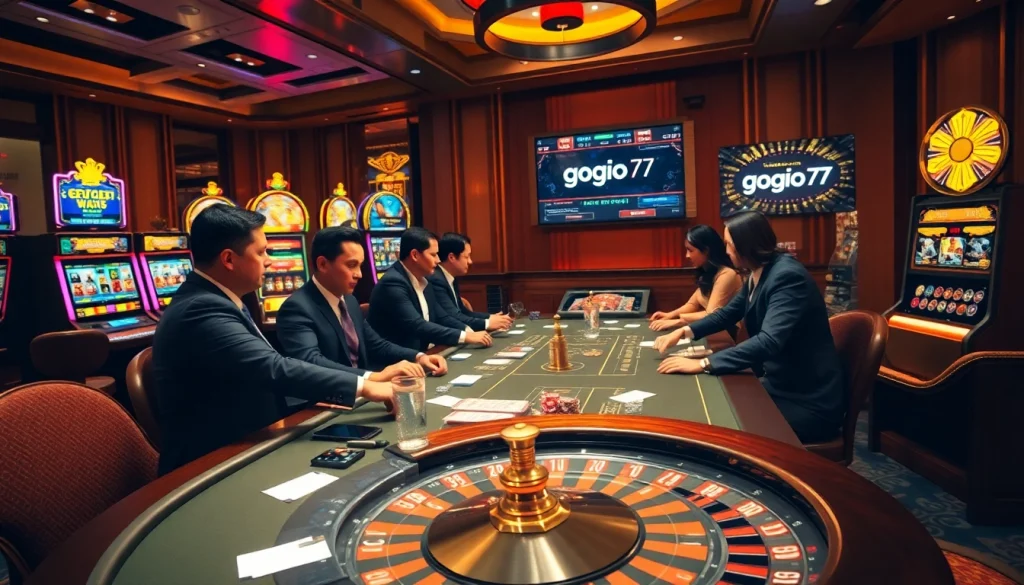 Gori77 showcasing high-stakes poker action alongside vibrant slot machines in a luxury casino.