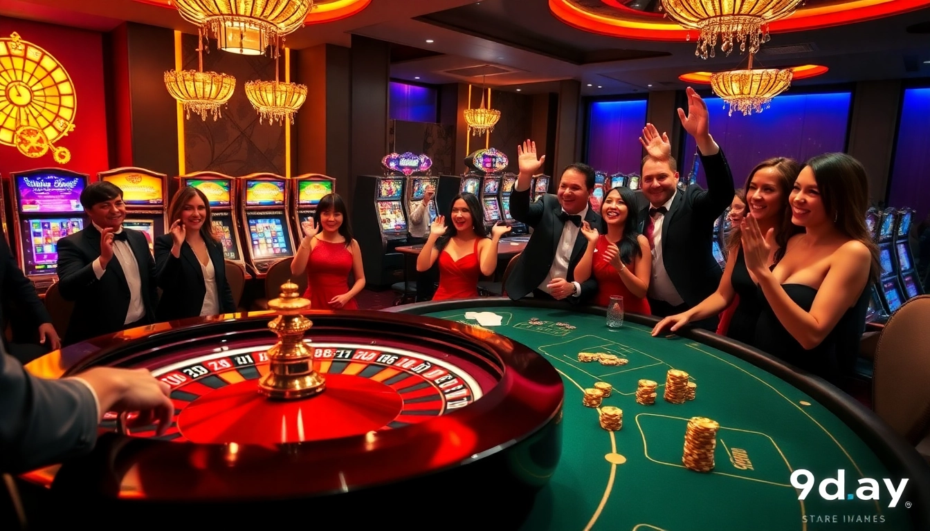 Engaging casino scene featuring exciting gameplay at 8day with roulette wheel and poker tables.