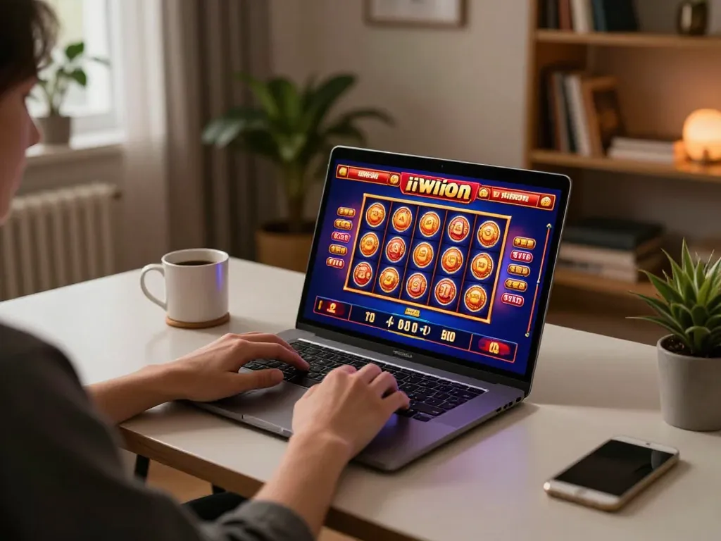 Engaging in iWin slot game on a laptop in a cozy home setup with warm lighting.