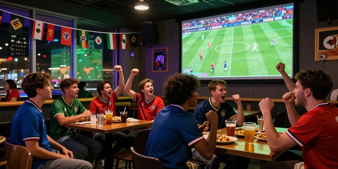 Live sports enthusiasts enjoying كورة لايف matches in a lively bar setting.